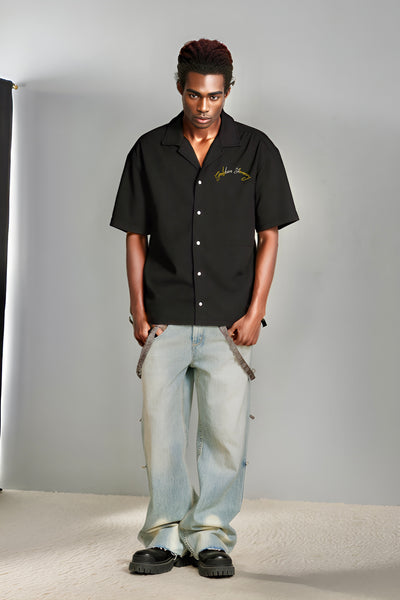 Black Bowling Shirt with contrast 3D embroidery