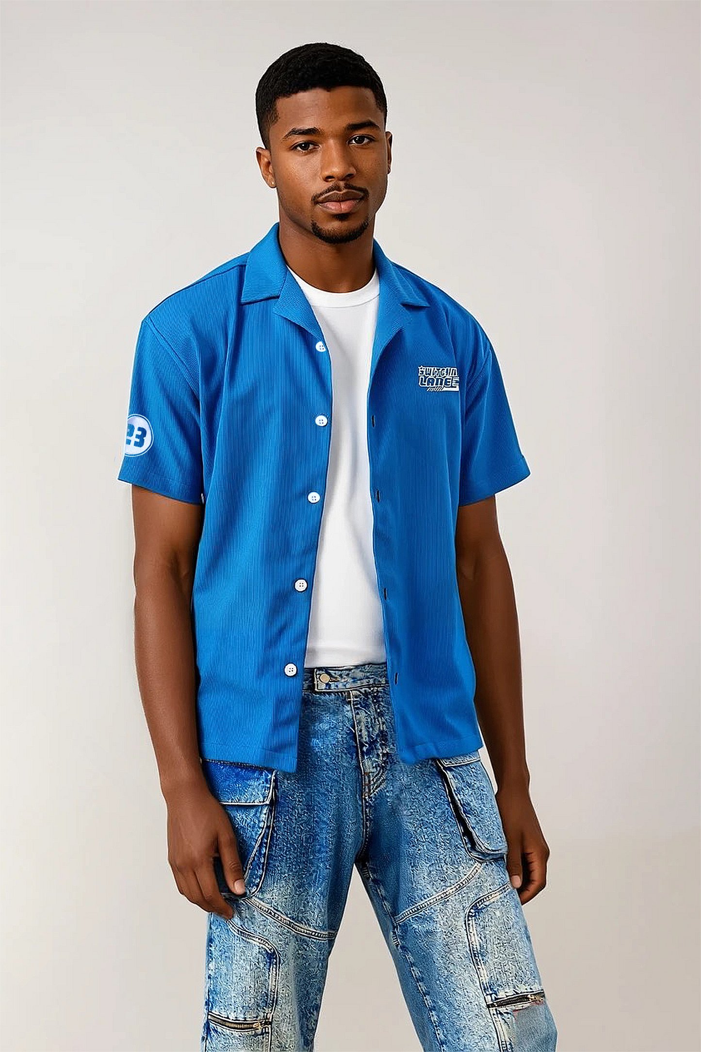 Switching Lanes 3d Puff embroidery blue corduroy shirt🏁🏎