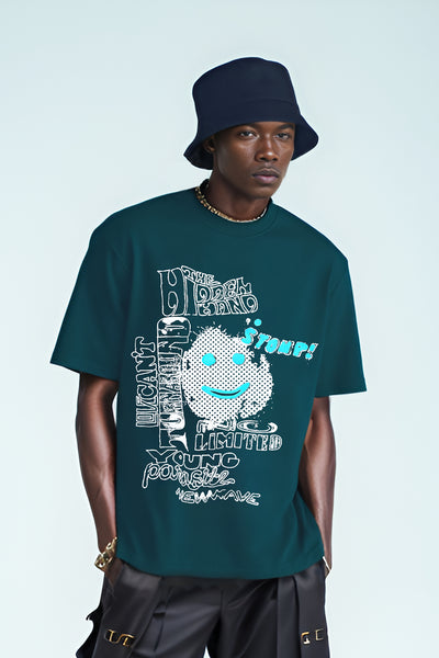 Silver Metallic + Puff Graphic Printed Oversized Unisex Grey T-shirt