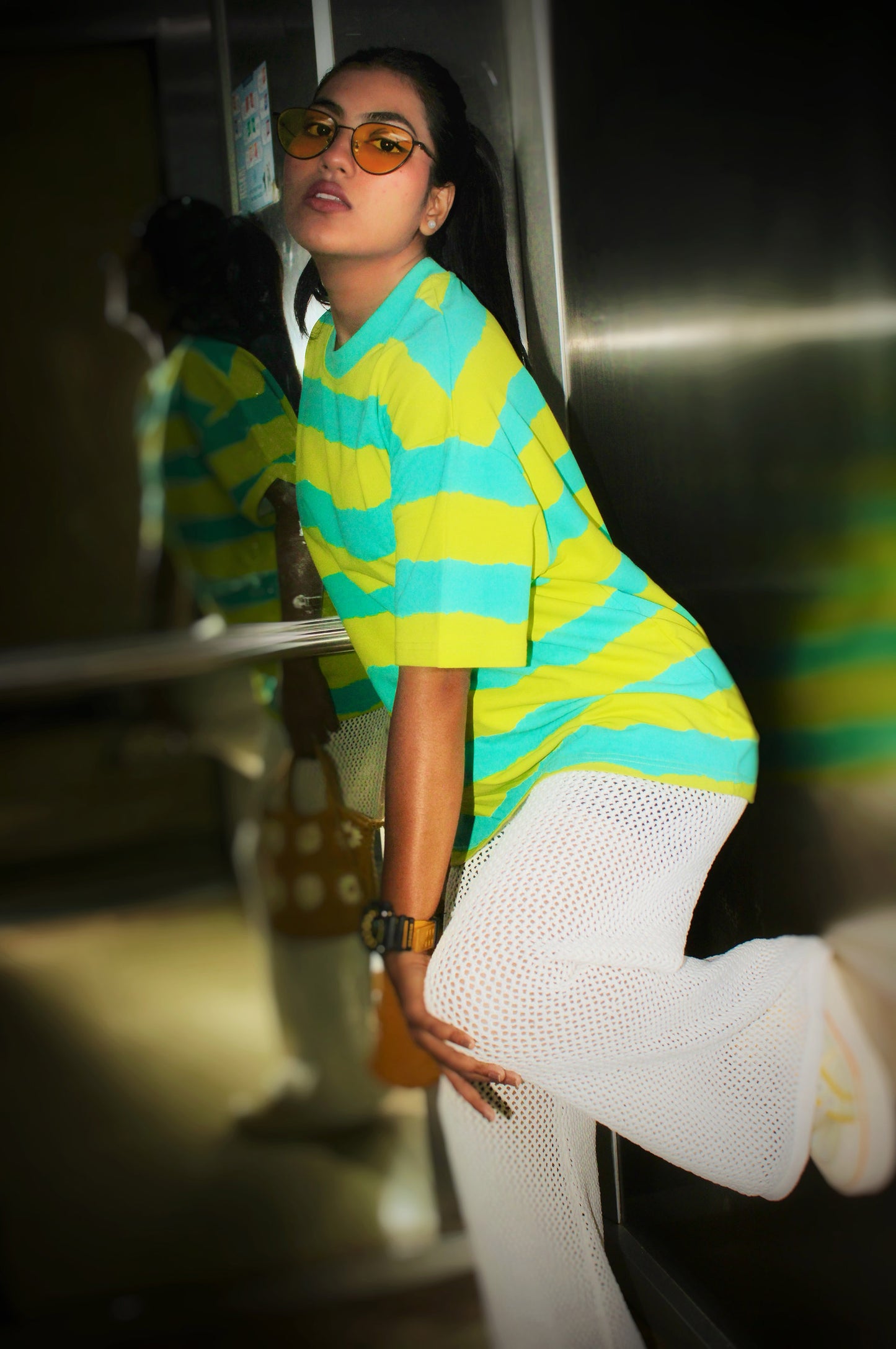 Yellow Green Stripes fully hand painted