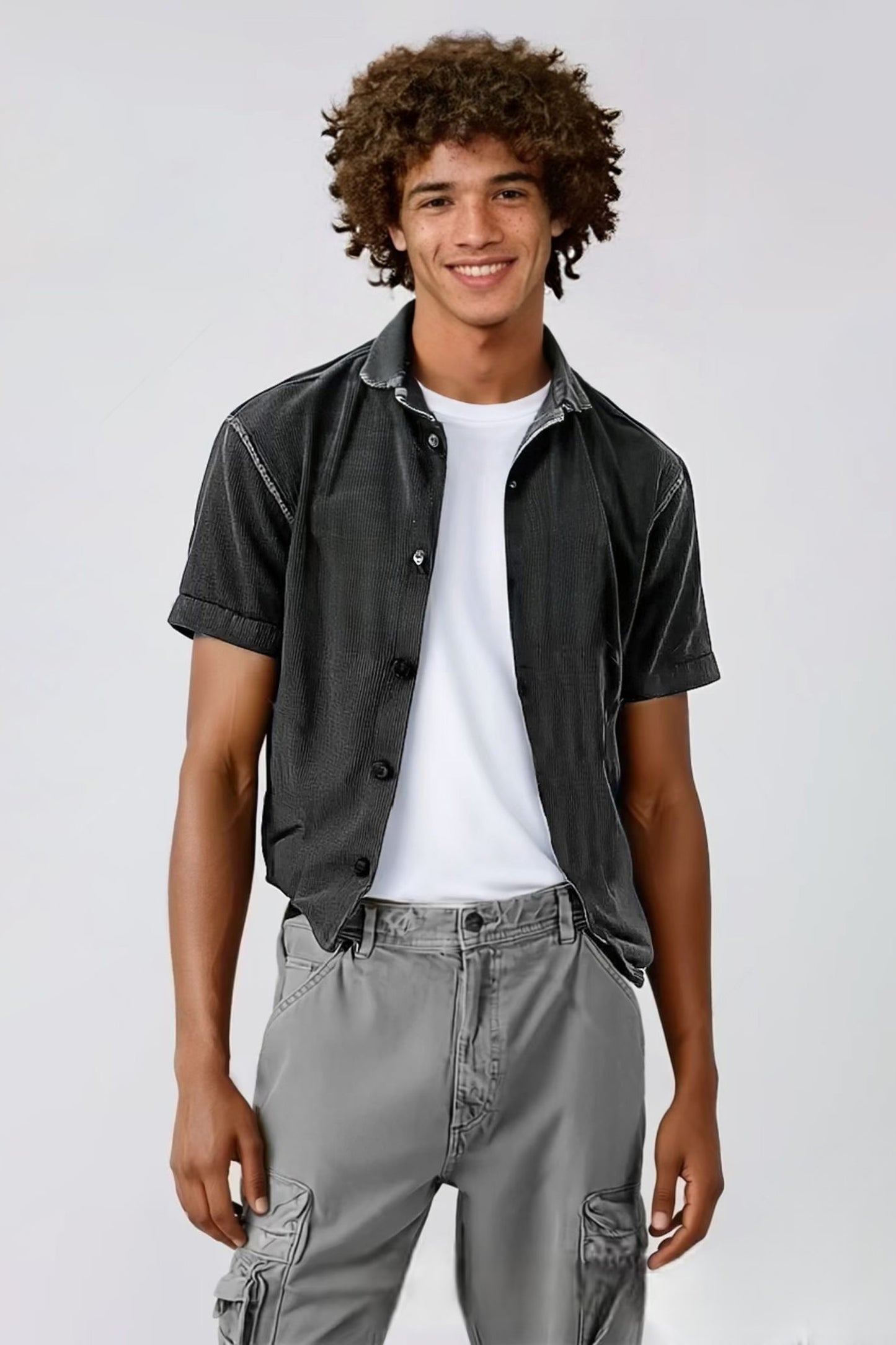 Black Washed Chalk-effect Stone Washed Corduroy Shirt