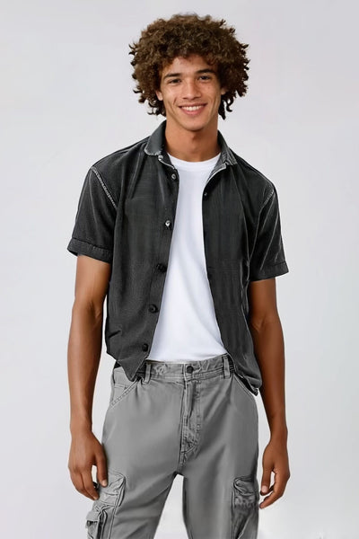 Black Washed Chalk-effect Stone Washed Corduroy Shirt
